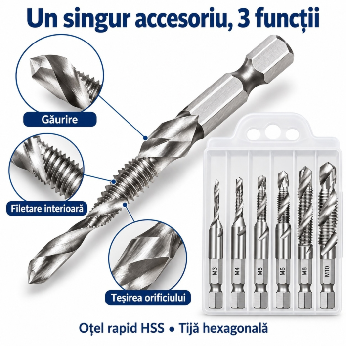Set 6 burghie tarod VarioShop, pentru gaurire, filetare si tesire, otel HSS, M3–M10, toc inclus [6]
