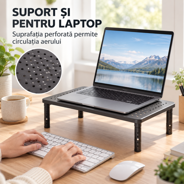 Suport monitor si laptop VarioShop®, pentru organizarea biroului, inaltime reglabila pe 3 niveluri, platforma perforata, picioare antiderapante, otel, sarcina maxima 20 kg, 37×23,6 cm [3]