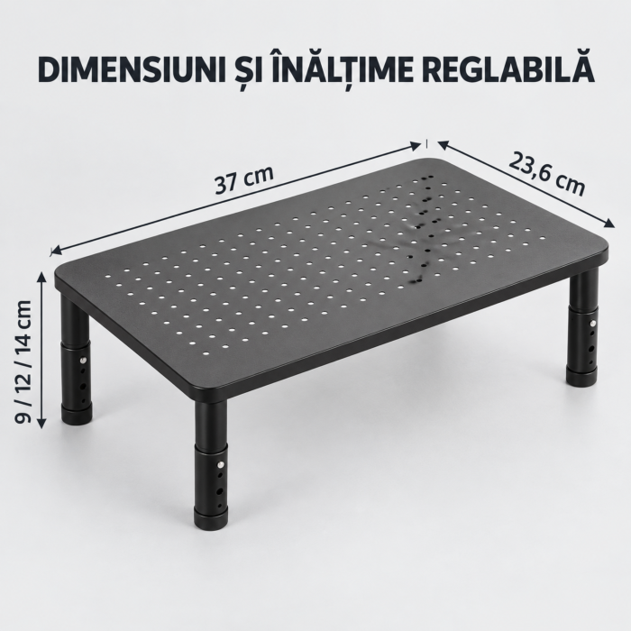 Suport monitor si laptop VarioShop®, pentru organizarea biroului, inaltime reglabila pe 3 niveluri, platforma perforata, picioare antiderapante, otel, sarcina maxima 20 kg, 37×23,6 cm [6]