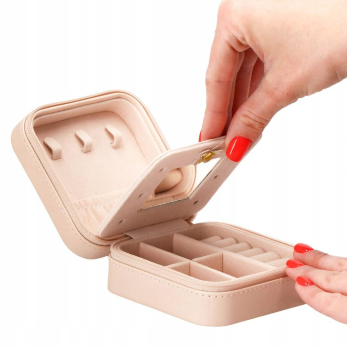 Cutie de bijuterii, 10x10cm, cu oglinda, organizator compact pentru calatorii, roz deschis [5]