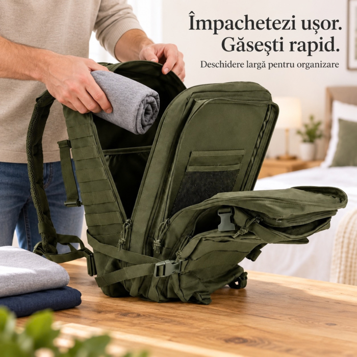 Rucsac tactic VarioShop®, 45L, 5 compartimente, Oxford 800D, deschidere 180°, bretele captusite, curele de compresie, rezistent la stropire, 55x30x26 cm, verde [6]