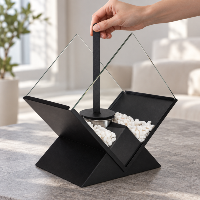 Biosemineu de masa VarioShop® cu flacara reala, 2 panouri de sticla si pietricele decorative, functioneaza cu bioetanol, fara cos de fum, 26,5 x 25 x 15 cm, negru [3]