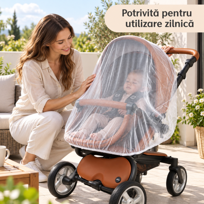Plasa antitantari universala VarioShop® pentru carucior, landou si patut, protectie impotriva insectelor, margine elastica, 100% poliester, 140–150 × 120–130 cm, alba [3]