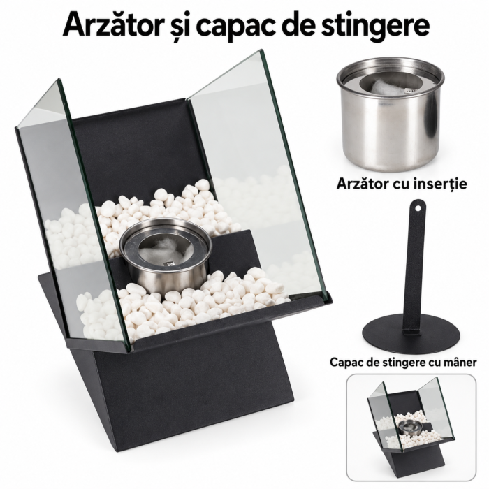 Biosemineu de masa VarioShop® cu flacara reala, 2 panouri de sticla si pietricele decorative, functioneaza cu bioetanol, fara cos de fum, 26,5 x 25 x 15 cm, negru [7]