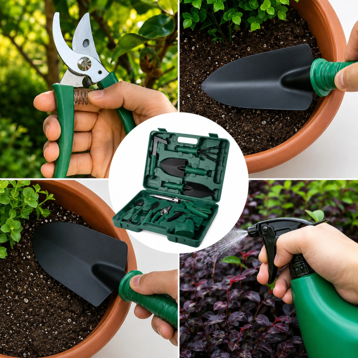Set 10 unelte de gradinarit VarioShop®, pentru plantare, afanarea solului si tunderea plantelor, otel inoxidabil, pulverizator si valiza de transport [7]