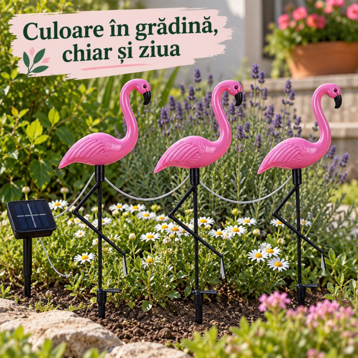 Set 3 lampi solare flamingo VarioShop, pentru decorarea gradinii, aprindere automata, 6 LED-uri, lumina alba, IP44, 52 cm, mov - VarioShop [5]