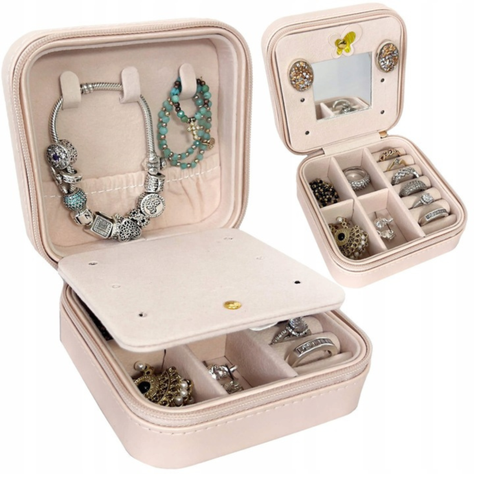 Cutie de bijuterii, 10x10cm, cu oglinda, organizator compact pentru calatorii, roz deschis [4]
