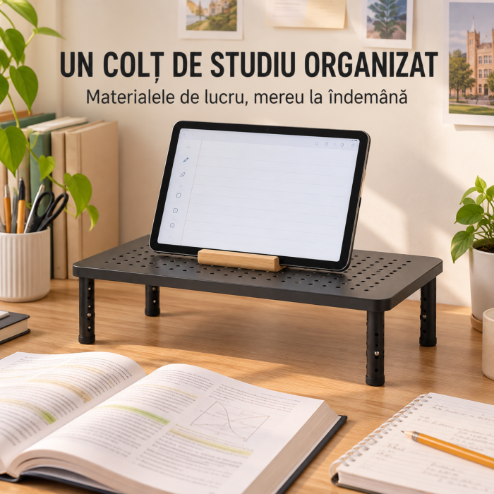 Suport monitor si laptop VarioShop®, pentru organizarea biroului, inaltime reglabila pe 3 niveluri, platforma perforata, picioare antiderapante, otel, sarcina maxima 20 kg, 37×23,6 cm [7]
