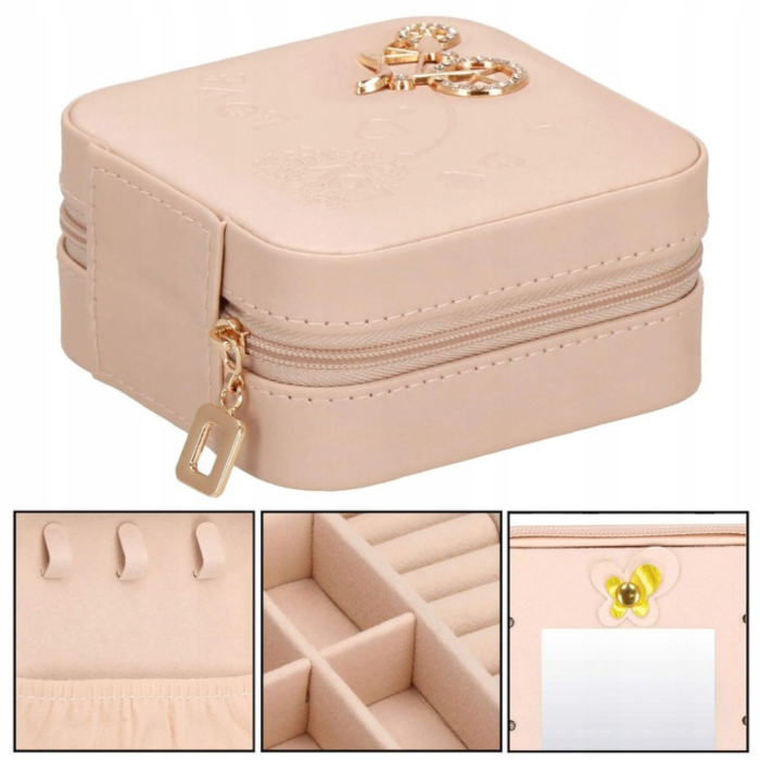 Cutie de bijuterii, 10x10cm, cu oglinda, organizator compact pentru calatorii, roz deschis [8]