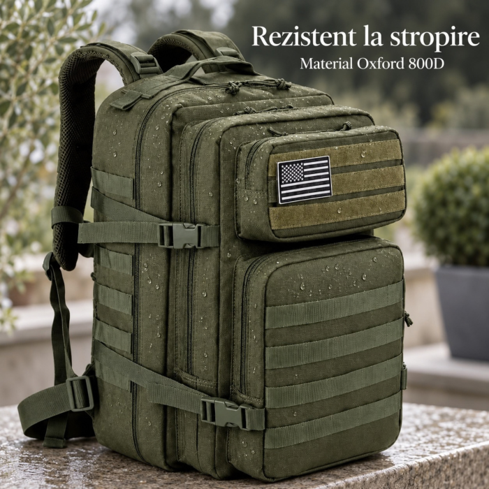 Rucsac tactic VarioShop®, 45L, 5 compartimente, Oxford 800D, deschidere 180°, bretele captusite, curele de compresie, rezistent la stropire, 55x30x26 cm, verde [7]