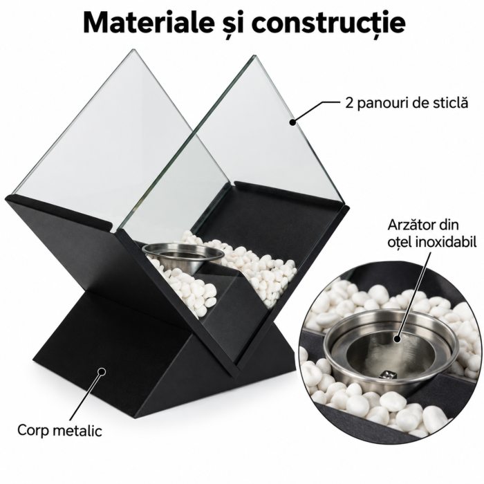 Biosemineu de masa VarioShop® cu flacara reala, 2 panouri de sticla si pietricele decorative, functioneaza cu bioetanol, fara cos de fum, 26,5 x 25 x 15 cm, negru [8]