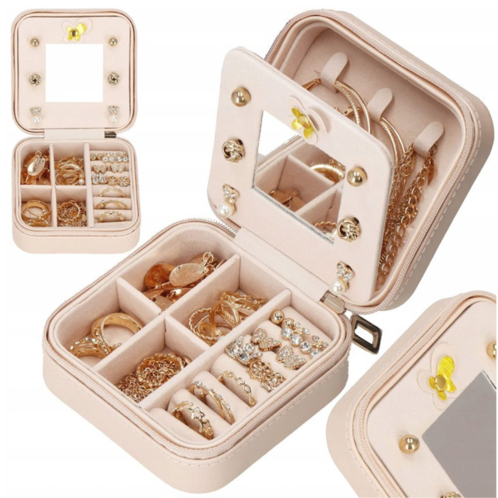 Cutie de bijuterii, 10x10cm, cu oglinda, organizator compact pentru calatorii, roz deschis [6]