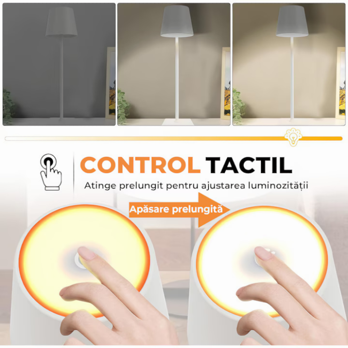 Set 2 x Lampa de masa touch led incarcabila VarioShop®, veioza ambientala cu control tactil, functie de schimbare a intesitatii, 3 temperaturi de culoare cald, neutru, rece, 37 x 9,5, Alb [4]