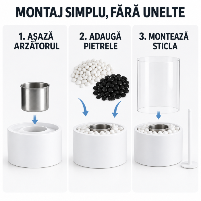 Biosemineu de masa VarioShop® cu flacara reala, sticla securizata si pietre decorative albe si negre, functioneaza cu bioetanol, fara cos de fum, 28 × 14 cm, alb [8]