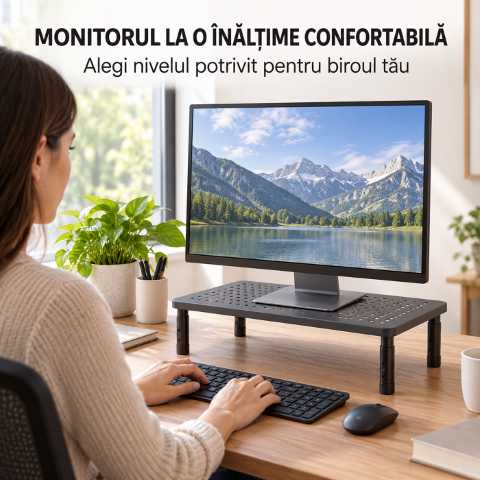 Suport monitor si laptop VarioShop®, pentru organizarea biroului, inaltime reglabila pe 3 niveluri, platforma perforata, picioare antiderapante, otel, sarcina maxima 20 kg, 37×23,6 cm [2]