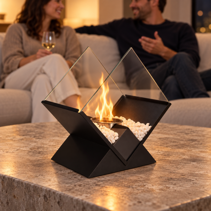 Biosemineu de masa VarioShop® cu flacara reala, 2 panouri de sticla si pietricele decorative, functioneaza cu bioetanol, fara cos de fum, 26,5 x 25 x 15 cm, negru [2]