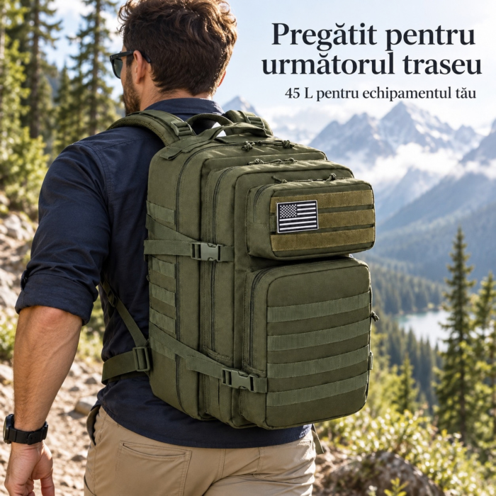 Rucsac tactic VarioShop®, 45L, 5 compartimente, Oxford 800D, deschidere 180°, bretele captusite, curele de compresie, rezistent la stropire, 55x30x26 cm, verde [5]