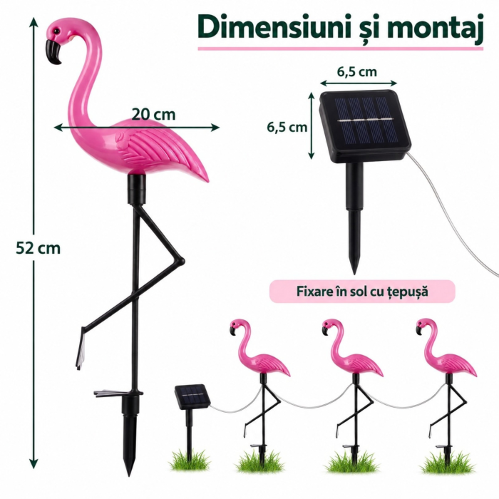 Set 3 lampi solare flamingo VarioShop, pentru decorarea gradinii, aprindere automata, 6 LED-uri, lumina alba, IP44, 52 cm, mov - VarioShop [2]