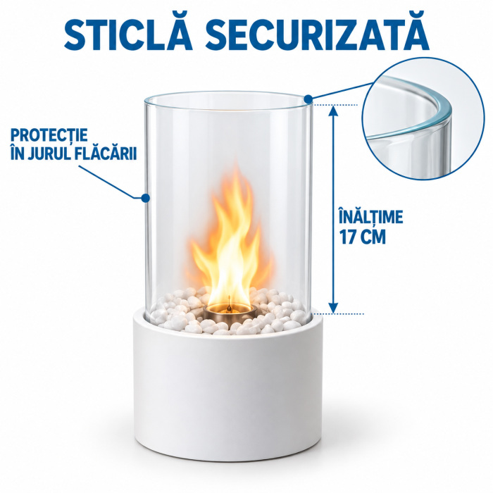 Biosemineu de masa VarioShop® cu flacara reala, sticla securizata si pietre decorative albe si negre, functioneaza cu bioetanol, fara cos de fum, 28 × 14 cm, alb [5]
