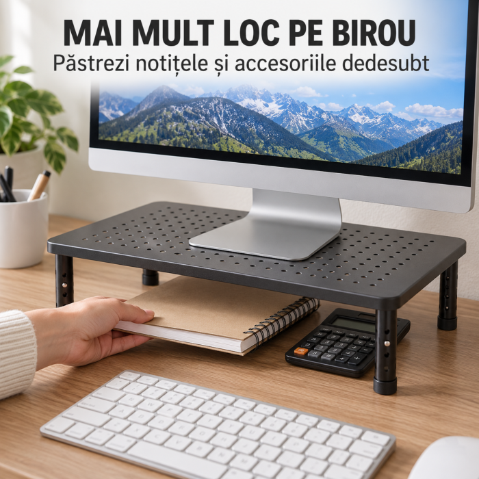 Suport monitor si laptop VarioShop®, pentru organizarea biroului, inaltime reglabila pe 3 niveluri, platforma perforata, picioare antiderapante, otel, sarcina maxima 20 kg, 37×23,6 cm [5]