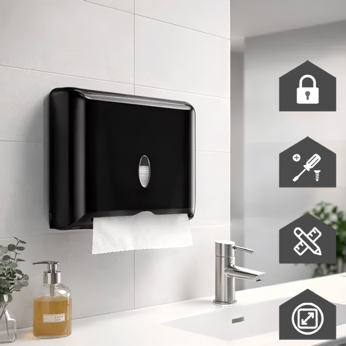 Dispenser hartie VarioShop®, pentru prosoape pliate, montare pe perete, fereastra de vizualizare, kit montaj si elemente autoadezive incluse, negru [8]