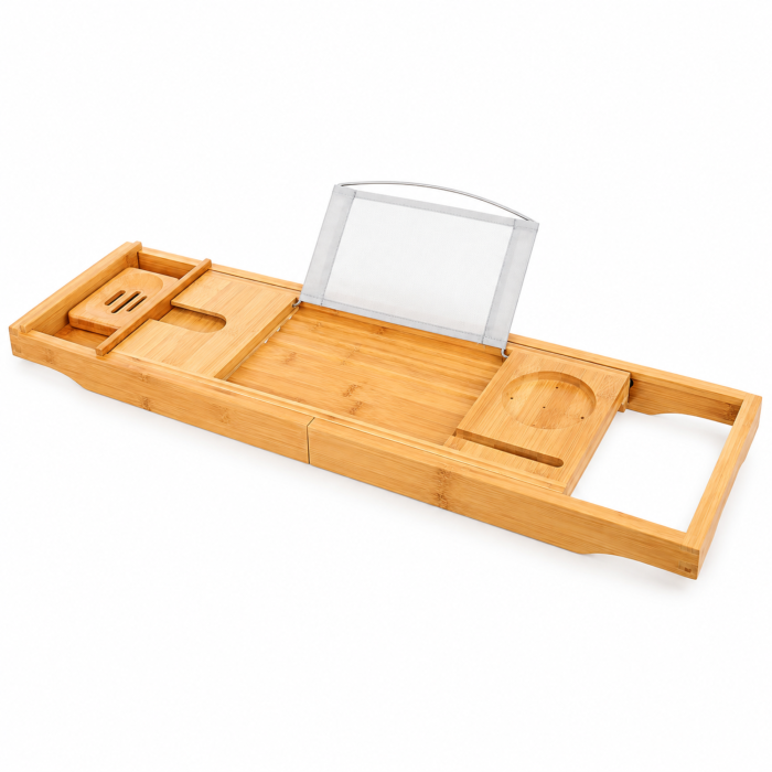 Masuta extensibila pentru cada VarioShop®, din bambus, cu suport pentru carte, tableta, lungime reglabila 75–112 cm, crem [10]