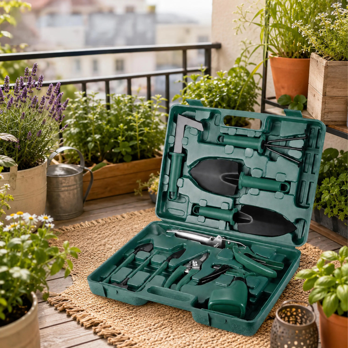 Set 10 unelte de gradinarit VarioShop®, pentru plantare, afanarea solului si tunderea plantelor, otel inoxidabil, pulverizator si valiza de transport [12]