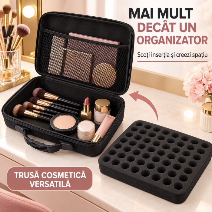 Geanta organizatoare VarioShop®, pentru oja si uleiuri esentiale, 60 compartimente, inchidere fermoar dublu, maner de transport, rezistenta la apa, negru [6]