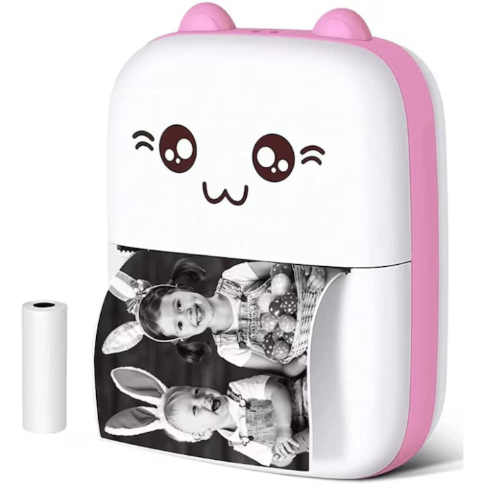 Mini imprimanta termica VarioShop®, Bluetooth, Compatibil iOS/Android, Imprimare APP, 1200 mAh, rola termica inclusa, model pisicuta cu urechiuse roze, 11 x 8 x 4 cm, Roz [2]