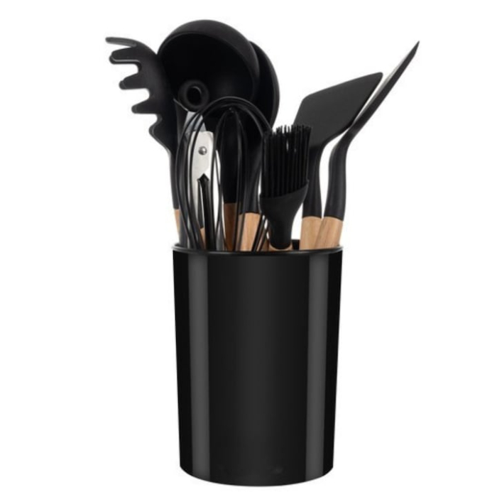 Set complet de 11 ustensile de bucatarie VarioShop® din silicon cu maner din lemn, ideal pentru gatit zilnic si preparate deosebite, Negru/Crem [8]