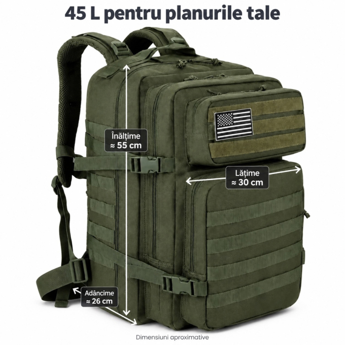 Rucsac tactic VarioShop®, 45L, 5 compartimente, Oxford 800D, deschidere 180°, bretele captusite, curele de compresie, rezistent la stropire, 55x30x26 cm, verde [4]