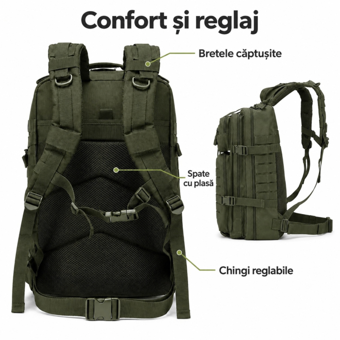 Rucsac tactic VarioShop®, 45L, 5 compartimente, Oxford 800D, deschidere 180°, bretele captusite, curele de compresie, rezistent la stropire, 55x30x26 cm, verde [3]