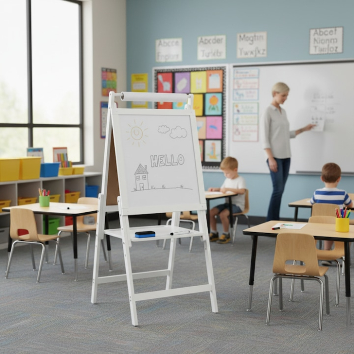 Tabla educativa magnetica fata-verso 2 in 1 VarioShop®, pentru copii, suport din lemn, cu litere magnetice si accesorii incluse, 43 x 32 x 115 cm [2]