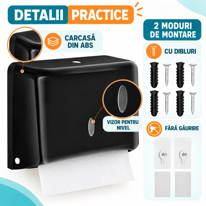 Dispenser hartie VarioShop®, pentru prosoape pliate, montare pe perete, fereastra de vizualizare, kit montaj si elemente autoadezive incluse, negru [5]