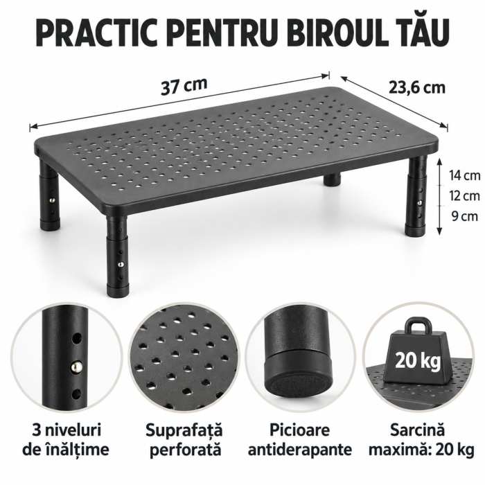Suport monitor si laptop VarioShop®, pentru organizarea biroului, inaltime reglabila pe 3 niveluri, platforma perforata, picioare antiderapante, otel, sarcina maxima 20 kg, 37×23,6 cm [4]