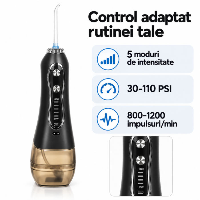 Irigator dentar VarioShop®, fara fir, pentru curatare bucala, 5 trepte de presiune, 8 capete incluse, incarcare USB, rezervor 300 ml, negru [8]