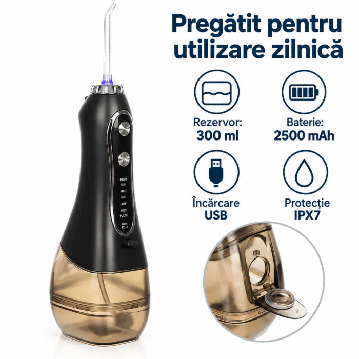 Irigator dentar VarioShop®, fara fir, pentru curatare bucala, 5 trepte de presiune, 8 capete incluse, incarcare USB, rezervor 300 ml, negru [7]