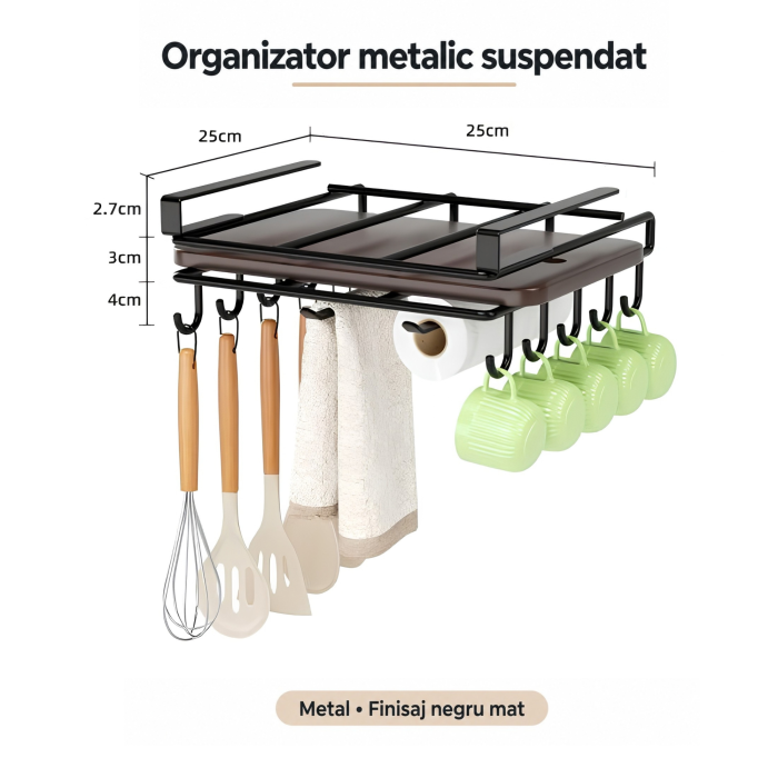 Raft suspendat VarioShop, pentru organizarea accesoriilor de bucatarie, amplasare sub dulap, finisaj mat, metal, 25 × 25 × 9,7 cm, negru - VarioShop [2]