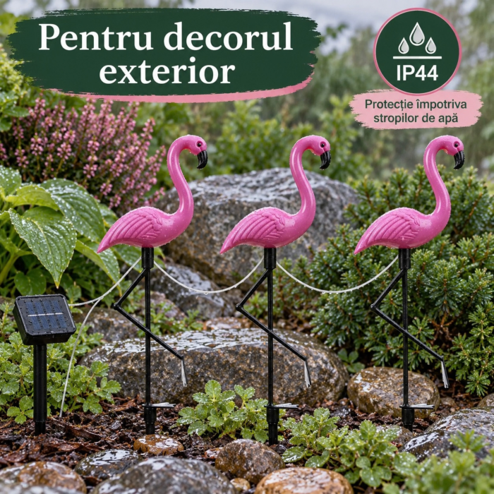 Set 3 lampi solare flamingo VarioShop, pentru decorarea gradinii, aprindere automata, 6 LED-uri, lumina alba, IP44, 52 cm, mov - VarioShop [6]