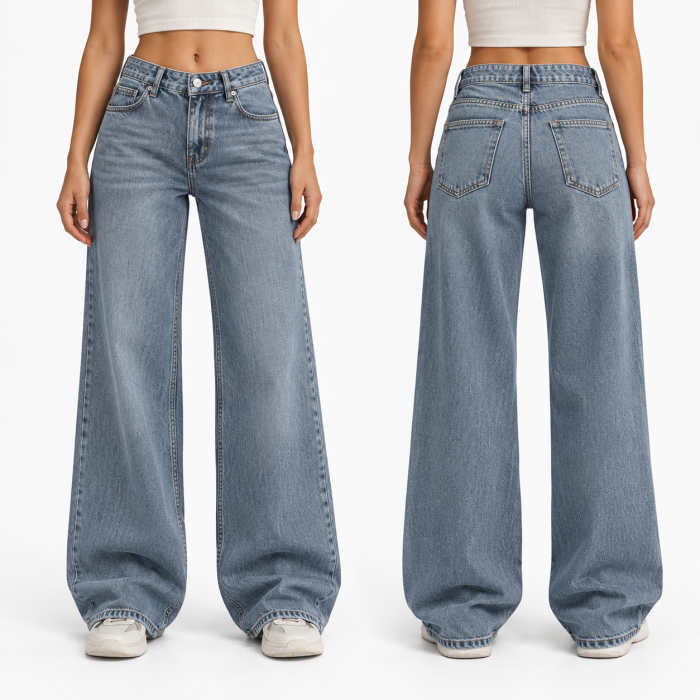 Blugi dama VarioShop®, talie inalta, croiala larga, denim 100% bumbac, efect prespalat, 5 buzunare, albastru-gri, marimea 34 [5]