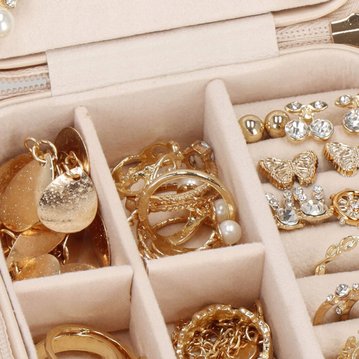 Cutie de bijuterii, 10x10cm, cu oglinda, organizator compact pentru calatorii, roz deschis [2]