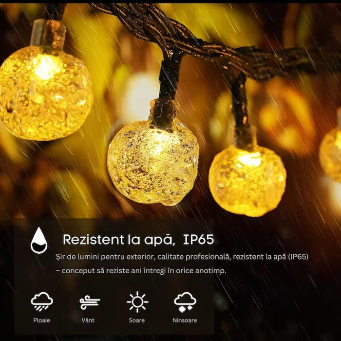 Ghirlanda solara LED cu 100 de globuri VarioShop®, lumina calda, 8 moduri de iluminare, panou solar impermeabil, 12 m, ideala pentru gradina, terasa sau balcon [4]