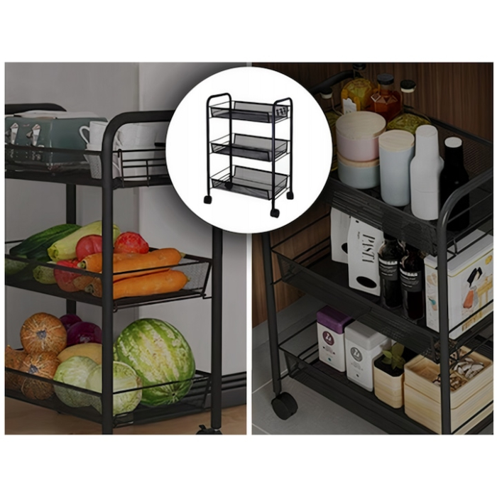 Raft mobila cu 3 etajere VarioShop®, pentru bucatarie, baie, living, usor de Montat, pentru spatii inguste, Material ABS/Otel Inoxidabil, Metal, 64 x 44 x 27 cm, Negru [5]