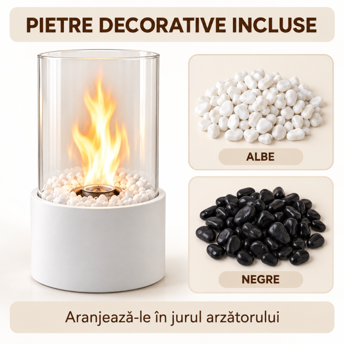 Biosemineu de masa VarioShop® cu flacara reala, sticla securizata si pietre decorative albe si negre, functioneaza cu bioetanol, fara cos de fum, 28 × 14 cm, alb [12]