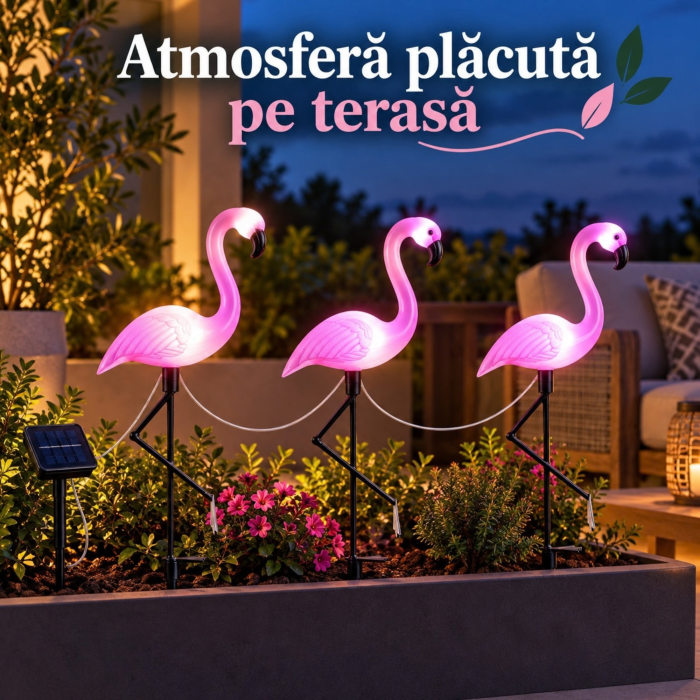 Set 3 lampi solare flamingo VarioShop, pentru decorarea gradinii, aprindere automata, 6 LED-uri, lumina alba, IP44, 52 cm, mov - VarioShop [10]