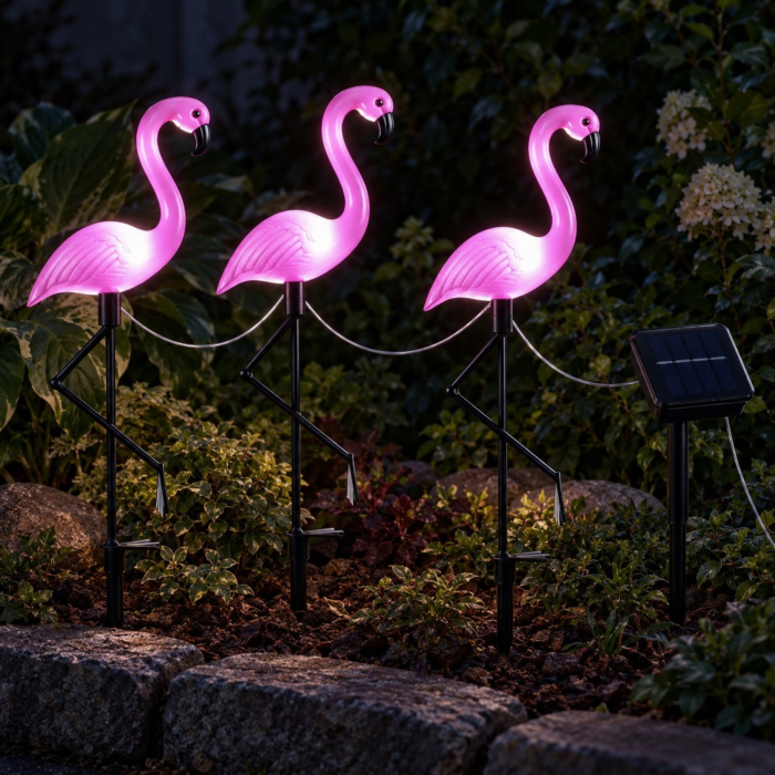 Set 3 lampi solare flamingo VarioShop, pentru decorarea gradinii, aprindere automata, 6 LED-uri, lumina alba, IP44, 52 cm, mov - VarioShop [9]