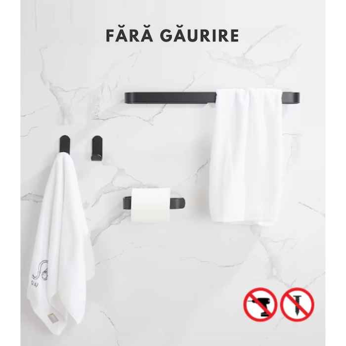 Suport metalic pentru prosoape VarioShop®, pentru baie, bucatarie, rezistent la apa si uzura, dreptunghiular, montare adeziv/suruburi, 30 x 6 cm, Negru [2]