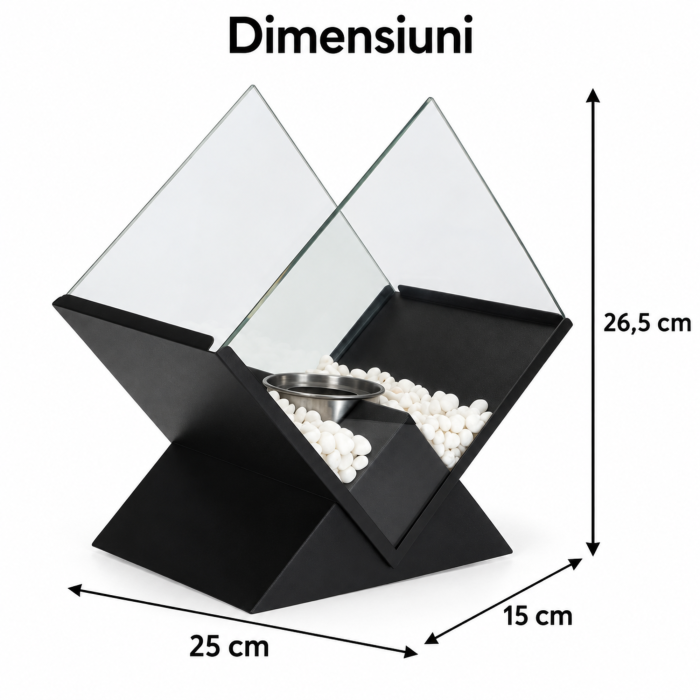 Biosemineu de masa VarioShop® cu flacara reala, 2 panouri de sticla si pietricele decorative, functioneaza cu bioetanol, fara cos de fum, 26,5 x 25 x 15 cm, negru [4]
