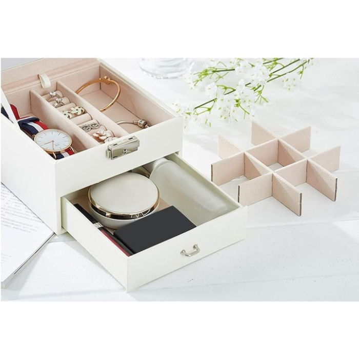 Cutie de bijuterii VarioShop®, cu sertar si oglinda, piele ecologica, interior catifea, cheie, 12 compartimente, 16 x 16 x 11cm, Alb [7]