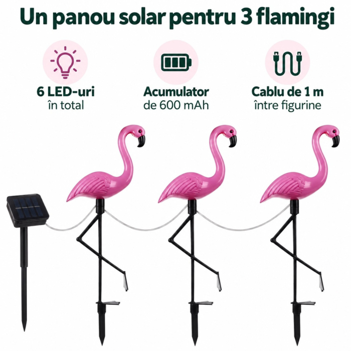 Set 3 lampi solare flamingo VarioShop, pentru decorarea gradinii, aprindere automata, 6 LED-uri, lumina alba, IP44, 52 cm, mov - VarioShop [3]